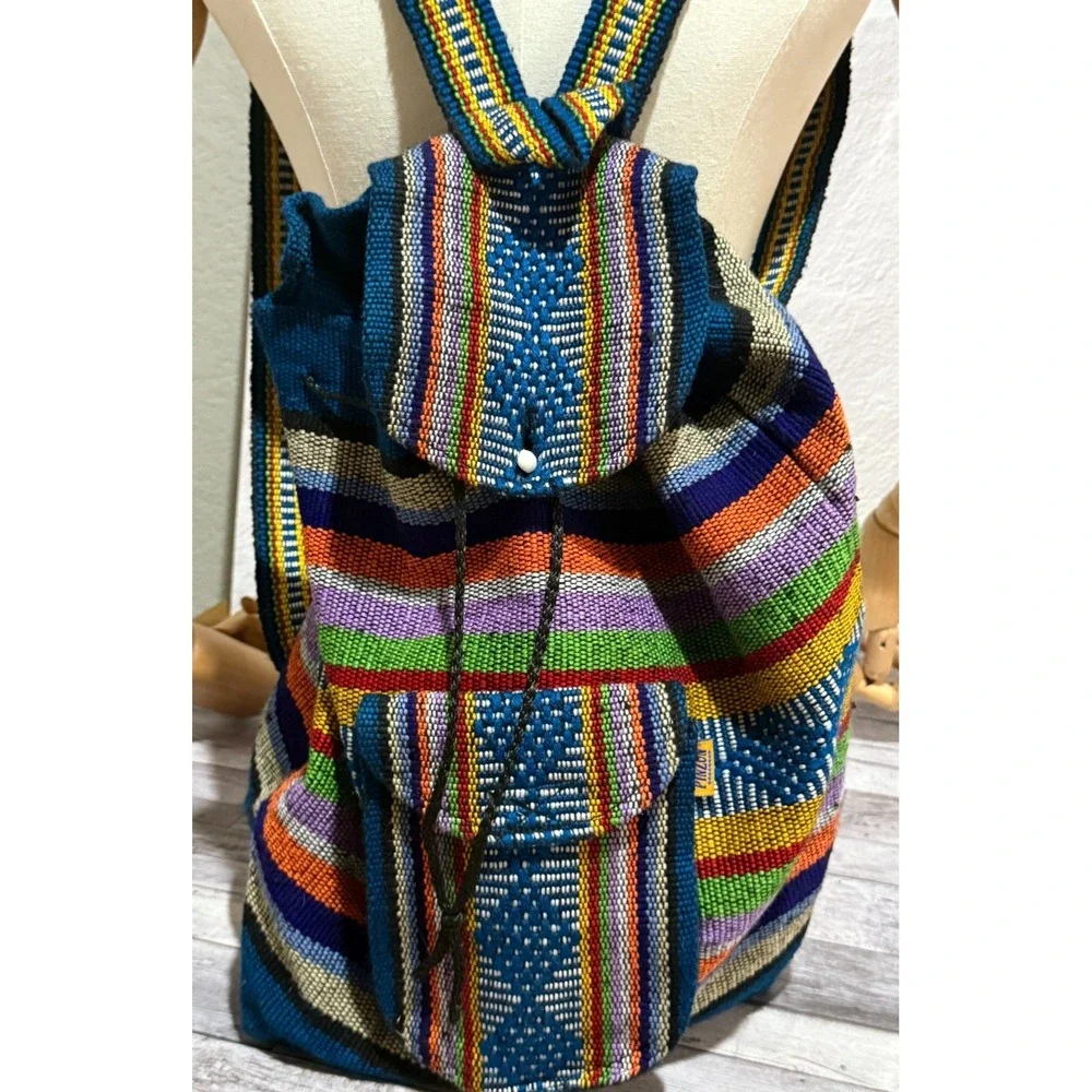 Artesanias Pinzon Woven Drawstring Boho Hippie Bag Beach Backpack Blue Orange
